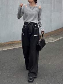 FRIFUL 女士露肩分叉T恤，夏季长袖女装 - 淺灰色 - 查看 2