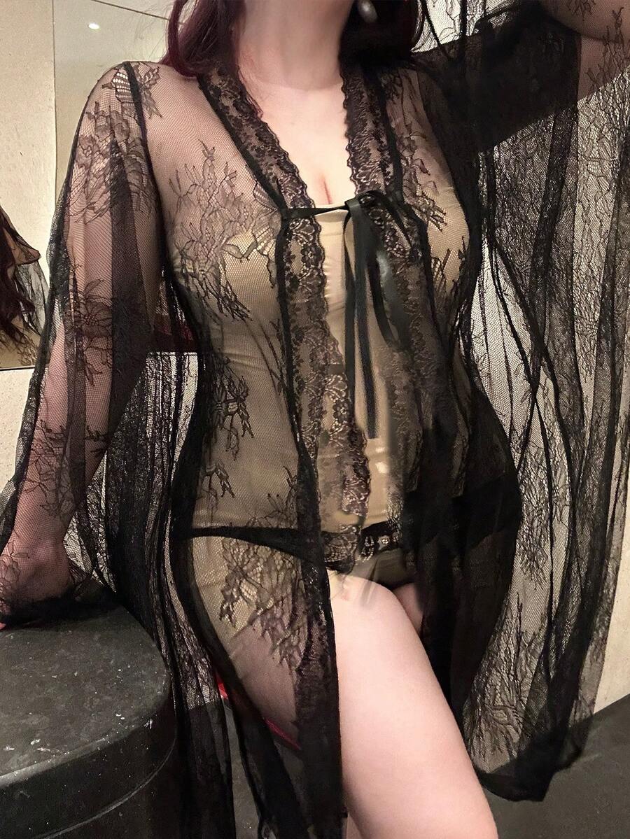 Vibekara 大码女式宽松性感浪漫蕾丝大胆深V领衬衫 - 黑色 - 查看 1