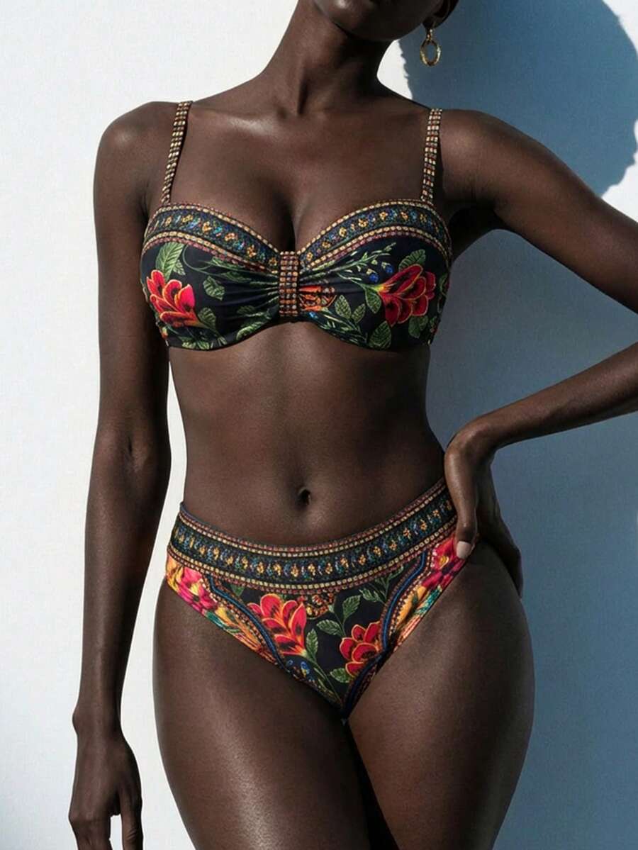 SHEIN Swim Women's New Random Print Spaghetti Strap Backless Push Up Bikini Set, Fashion Swimwear For Spring/Summer - Multicolor - View 1