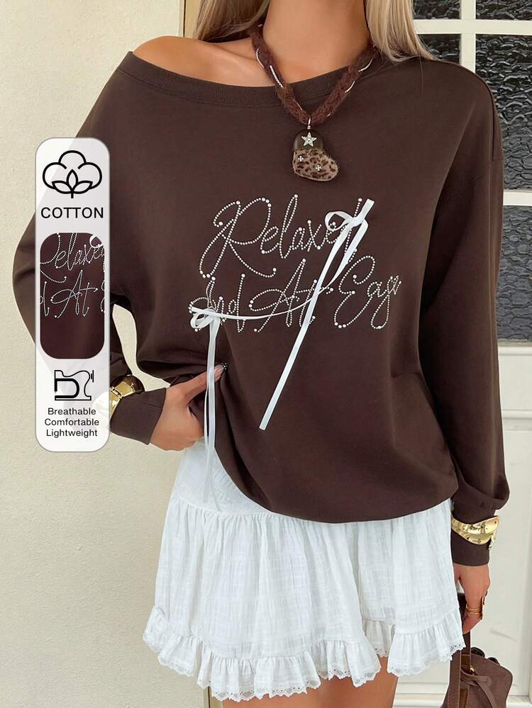 Women's Casual Asymmetric Neck T-Shirt With Bow Decor, Autumn Y2k