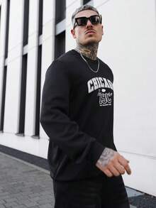 Artur Kramer 男士复古美式圆领卫衣，芝加哥字母印花，休闲街头风，秋冬款，长袖上衣 - 黑色 - 查看 5