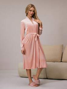 HautHeat Women's Letter Embroidered Long Sleeve Casual Robe - Pink - View 5