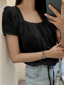 DAZY Áo cánh nữ cổ vuông màu đen giản dị có dây rút viền - màu đen - Xem 4