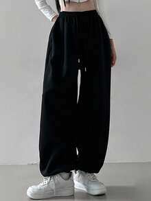 DAZY Women's Solid Color Drawstring Waist & Cuffed Sports Sweatpants,Women Joggers - Black - View 9