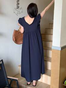 FRIFUL 女士纯色前扣无袖褶皱休闲连衣裙夏季吊带裙 - 藏蓝色 - 查看 5