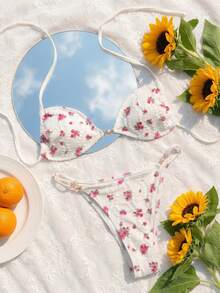 Swim Mod 2pcs Women's White Floral Summer Tropical Pool Party Vacation Holiday Pearl Decor Halter Backless Triangle Top And Adjustable Bikini Bottom Set - Multicolor - View 3