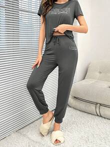 Slogan Graphic Tee & Drawstring Waist Pants PJ Set / Pajama Set - Dark Grey - View 6