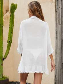 Swim Lushoire Summer Beach Pom Pom Trim Batwing Sleeve Ruffle Hem Button Front Kimono - White - View 3