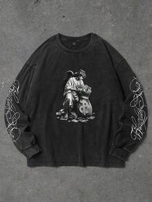 GENIUS ODE 男士天使印花圆领长袖休闲宽松百搭T恤 - 黑色 - 查看 4