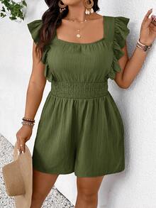 SHEIN Frenchy Plus Size Women Solid Color Cap Sleeve Drawstring Waist Jumpsuit - Army Green - View 6