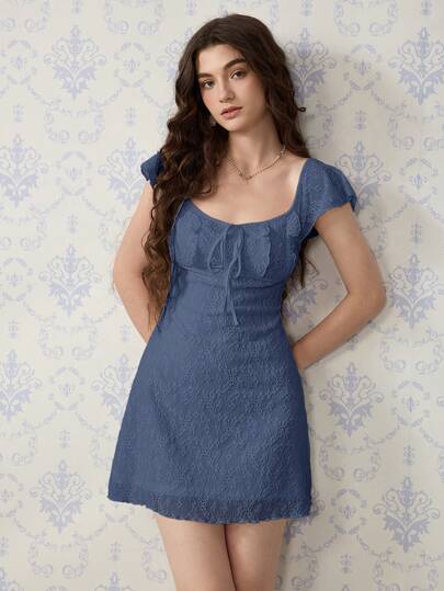 SHEIN MOD Blue Lace Knit Mini Dress For Women, Vacation Babydoll Dress,Boho Women Clothing,Summer Outfits For Women ,Summer Dress, Music Festival, Going Out