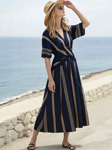 SHEIN Holidaya Cross-Wrap Cinched Waist V-Neck Blue & Yellow Striped Dress For Women, Vacation - Navy Blue - View 1