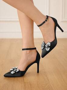 CUCCOO HITCHD Zapatos de tacón alto elegantes y de moda para fiesta con decoración de lazo de strass para mujer - Negro - Ver 6