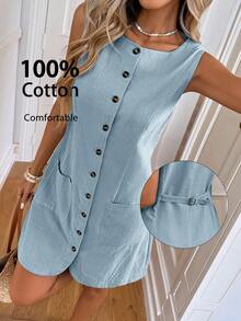 Easowa Vestido mini casual con botones y bolsillos para mujer - Celeste - Ver 1