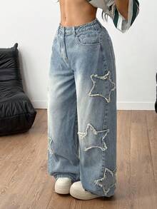Coolane Damskie dżinsy typu raper Athleisure w stylu grunge z wzorem gwiazdy - Jasny jeans - Zobacz 3
