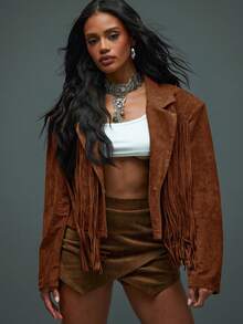 Hauture Women's Sexy Boho Faux Suede Dark Chocolate With Fringe Bold Shoulder Jacket - Brown - View 6