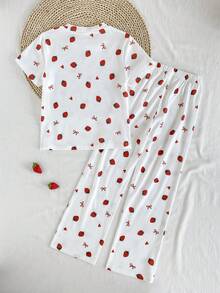 Vintaside Kids Tween Girls' White Strawberry Bow Accent Short Sleeve T-Shirt And Pants Set, Casual Outfit For Autumn - Multicolor - View 2