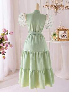 SHEIN Explorewe Vestido casual de manga abullonada, cuello alto de malla bordada, parche y textura sólida para niñas adolescentes, adecuado para uso diario, viajes, ocio, vacaciones, reuniones y fiestas - Verde - Ver 2