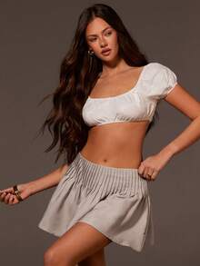 Athîral Women's Casual Pleated Denim Effect Skirt - Khaki - View 4