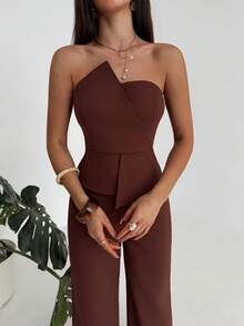 Aloruh Brown Minimalist Commuter Sleeveless Patchwork Crop Top + Wide Leg Long Pants Set, Spring/Summer - Brown - View 3