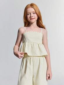 Maija Kids Maija Kids Tween Girl Woven Light Yellow Striped Camisole And Pants Casual Outfit - Yellow - View 5