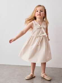 Maija Kids Đầm dệt không tay cổ tròn thêu nơ trang trí màu mơ cho bé gái - Màu be - Xem 4