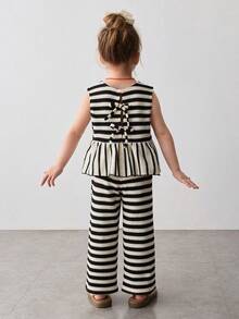 Maija Kids Young Girl Knitted Jacquard Black & White Striped Ruffle Collar Top And Pants Casual Suit - Black and White - View 2