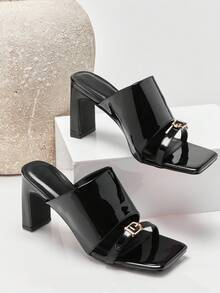 SHUZIA Women's Sexy Square Toe Block Heel Slip-On Sandals - Black - View 7