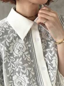 FRIFUL 女士蕾丝拼接翻领单排扣休闲通勤长袖衬衫 - 米色 - 查看 6