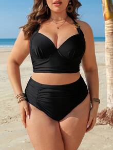 Swim Lushoire Plus Size Women 2-Piece Black Bikini Swimwear,Summer Holiday Beach Fashion Classy Formal Evening Minimalist Hard Cup Underwire Shaping High Waist,2026 - Black - View 6