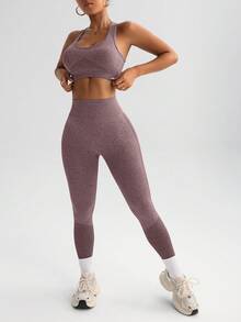 Slayform Bộ đồ thể thao nữ màu trơn cổ tròn không tay và quần legging cạp cao ôm sát, thích hợp cho tập gym dịp Tết Nguyên Đán. - Màu Đỏ Sâu - Xem 2