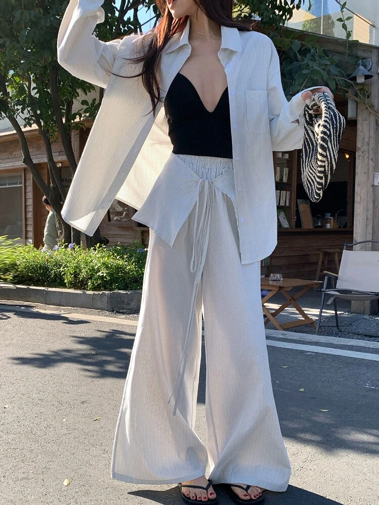 Women's Vertical Striped Shirt Set, Casual Loose Waist Tie Top And Wide Leg Pants 2-Piece Outfit, Summer