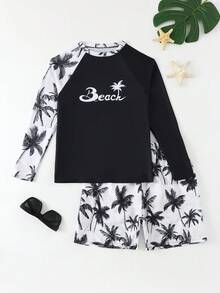 SHEIN 13-16岁青少年男孩长袖冲浪泳衣套装，沙滩椰树印花泳装，适合夏季学生海滩度假，酷炫男童泳装 - 彩色 - 查看 3