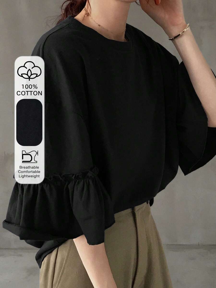 FRIFUL Camiseta de manga larga de unicolor y sencilla para mujeres - Negro - Ver 1