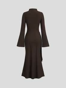 Sweetra New Arrival Waist Cinching Minimalist Flare Sleeve Bodycon Long Dress - Coffee - View 2
