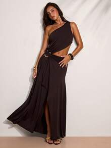 SHEIN BAE Đầm nữ màu trơn, cổ lệch, khoét rỗng, kiểu dáng thời trang, không tay. - màu nâu - Xem 4