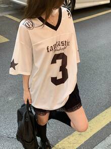 DAZY 女士V领字母印花休闲街头风短袖T恤 - 白色 - 查看 8