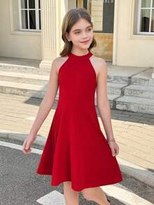 SHEIN Tween Girl Fashionable Elegant Solid Color Knit Sleeveless Red Summer Party Dress, Tween Girl Bow Back Detail Casual Dinner One Piece Dress - Red - View 2