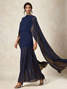 Briarwyn 女士纯色网纱拼接露背优雅收腰长裙，适合派对和聚会 - 藏蓝色 - 查看 4