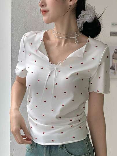 K-Vae Sweet And Cool Girly Heart Print Peter Pan Collar Bow Short-Sleeved T-Shirt