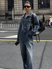 DAZY 时尚水洗复古连体裤，新款长袖牛仔连体裤 - 藍色 - 查看 4