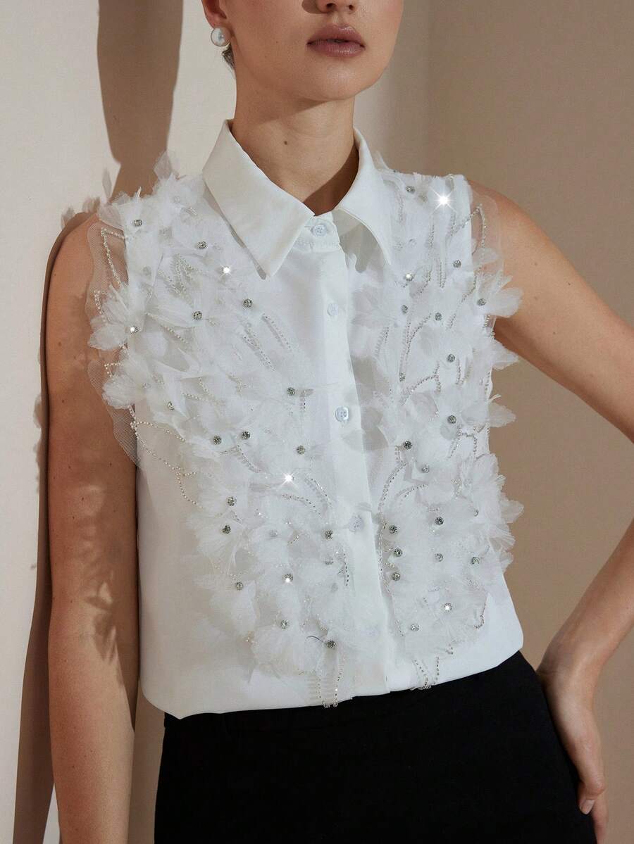 Revavyn 缀饰串珠3D立体花卉无袖上衣，都市风格 - 白色 - 查看 1