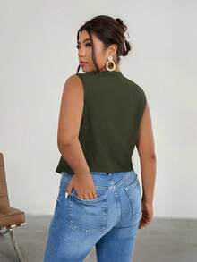 Firerie Plus Size Women Summer Solid Color Lace Splicing Deep V-Neck Fitted Vest Jacket In Fall/Winter - Green - View 2