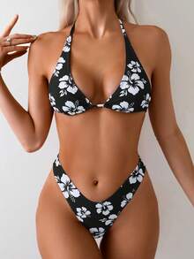 SHEIN Swim Mod Summer Women's Floral Print Halter Tied Sexy Bikini Swimwear - Multicolor - View 4