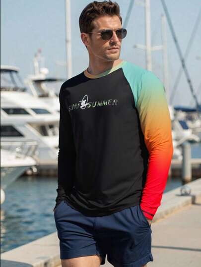 Manfinity Swimmode Men's Contrast Color Print Crew Neck Long Sleeve Surfing T-Shirt