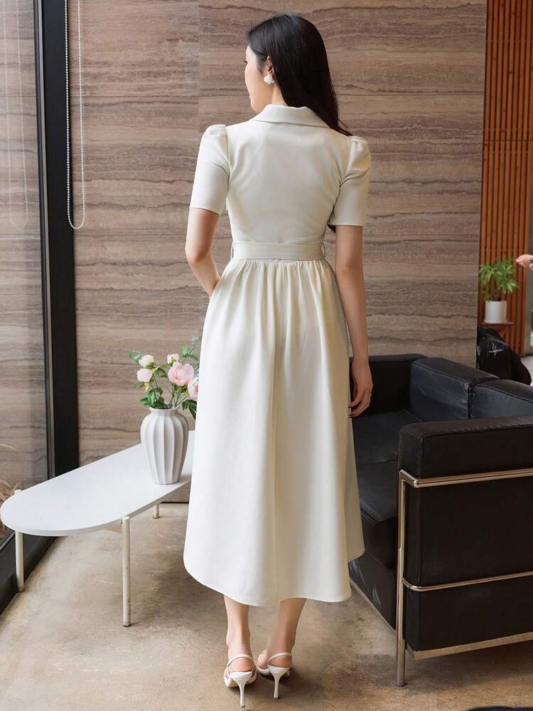 Women's Elegant Lace Patchwork Collar Puff Sleeve Belted Dress, Summer Wedding Guest Dress Sundress