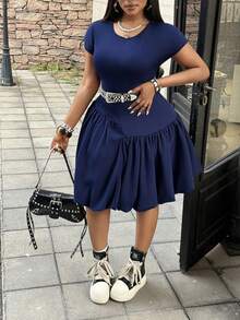 Maweii Vestido casual, elegante y versátil de manga corta para talla grande - Azul - View 1