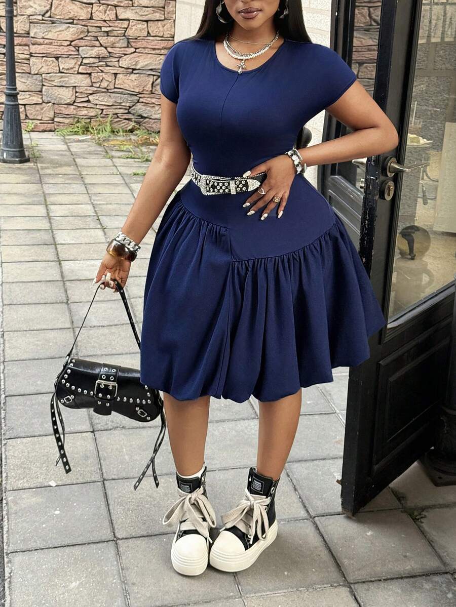 Maweii Vestido casual, elegante y versátil de manga corta para talla grande - Azul - View 1