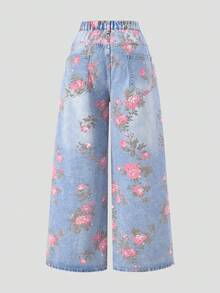 SHEIN MOD 大码休闲水洗印花做旧牛仔裤 - 粉色 - 查看 2