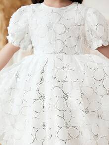 Vestido de fiesta de alta gama para niñas de moda nueva de verano, cuello redondo de malla con lentejuelas, manga abullonada, cremallera en la espalda, falda acampanada, vestido de princesa adecuado para actuaciones, banquetes, niña de las flores en bodas - Blanco - Ver 8